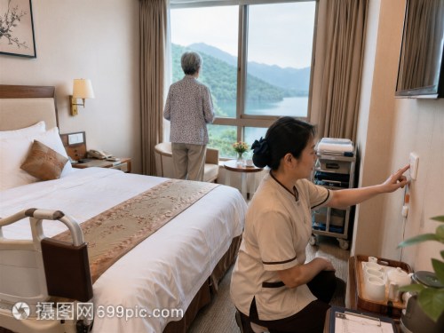 酒店客房內老人看風景服務員做服務